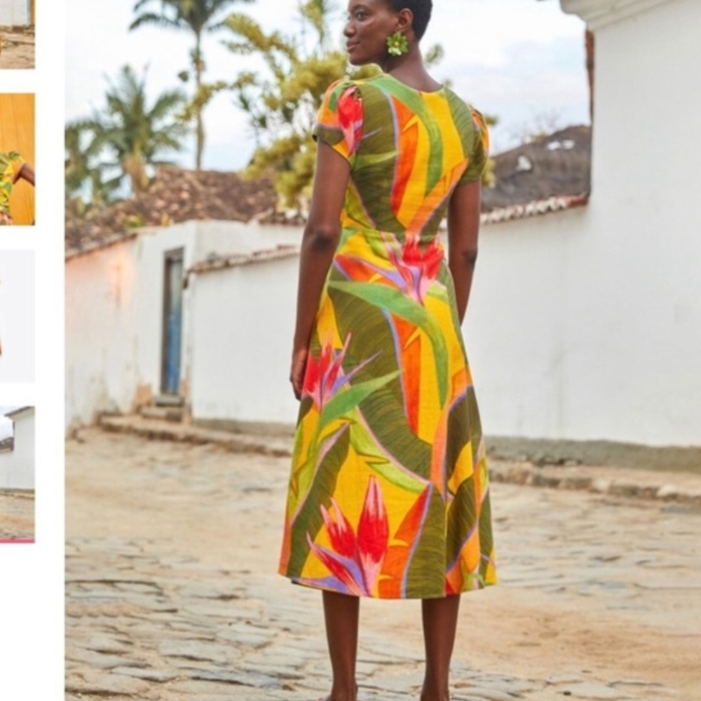 Farm Rio Dress - Yellow Garden Linen Midi Maxi Tropical Palm - Picture 2 of 10